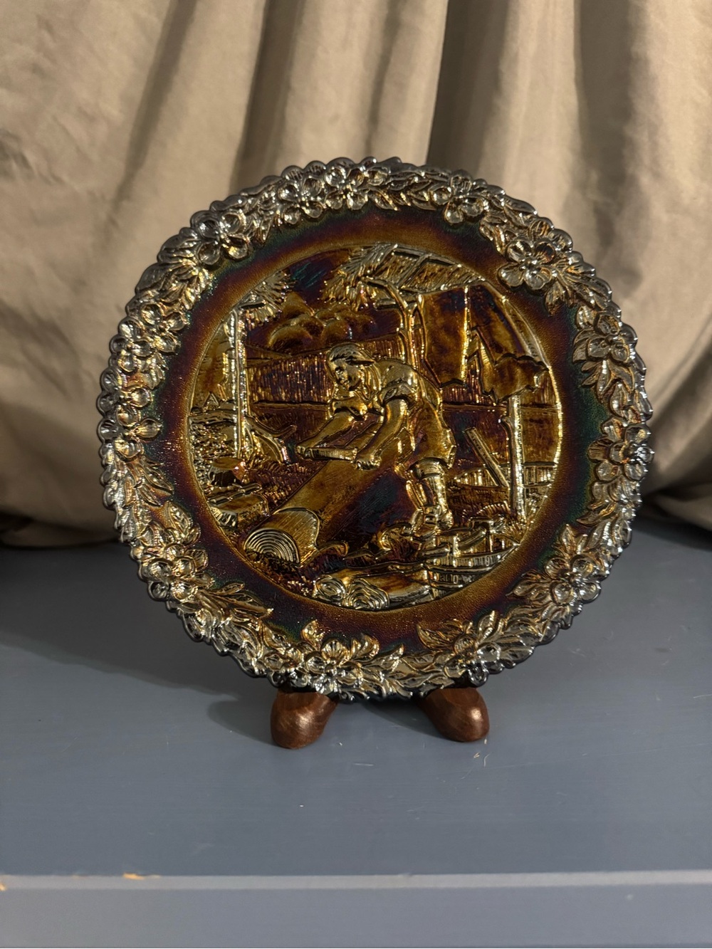 Decorative Carnival Glass Wall Plate with Worker Scene - Iridescent Gold & Brown